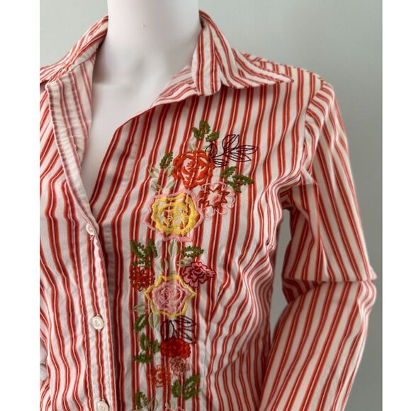 New York & Co Orange Striped Button Up Shirt with Floral Embroidery size M - Picture 5 of 8